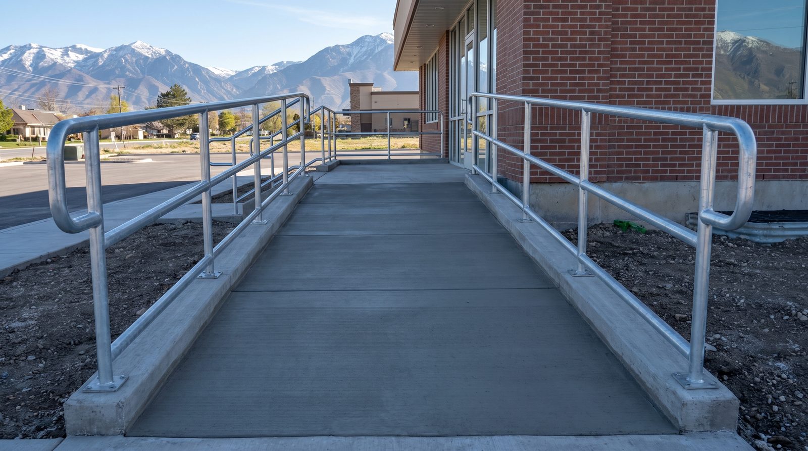 Newly poured ADA concrete ramp with steel handrails at a commercial building entrance in Draper, Utah
