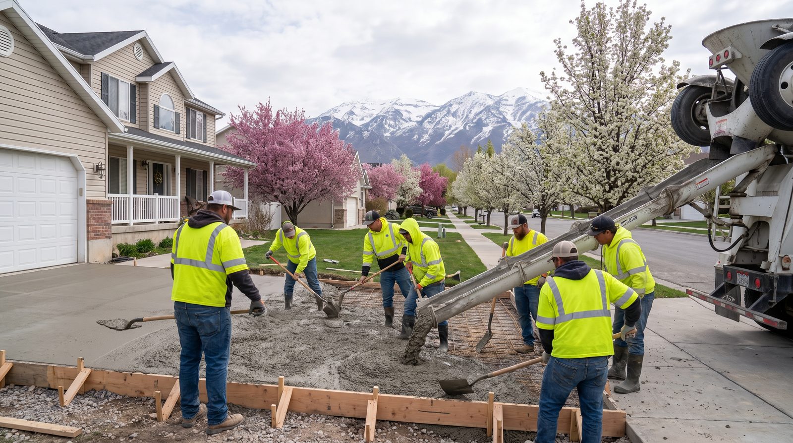 Ready-mix truck pouring a concrete driveway on a mild spring morning in Draper, Utah