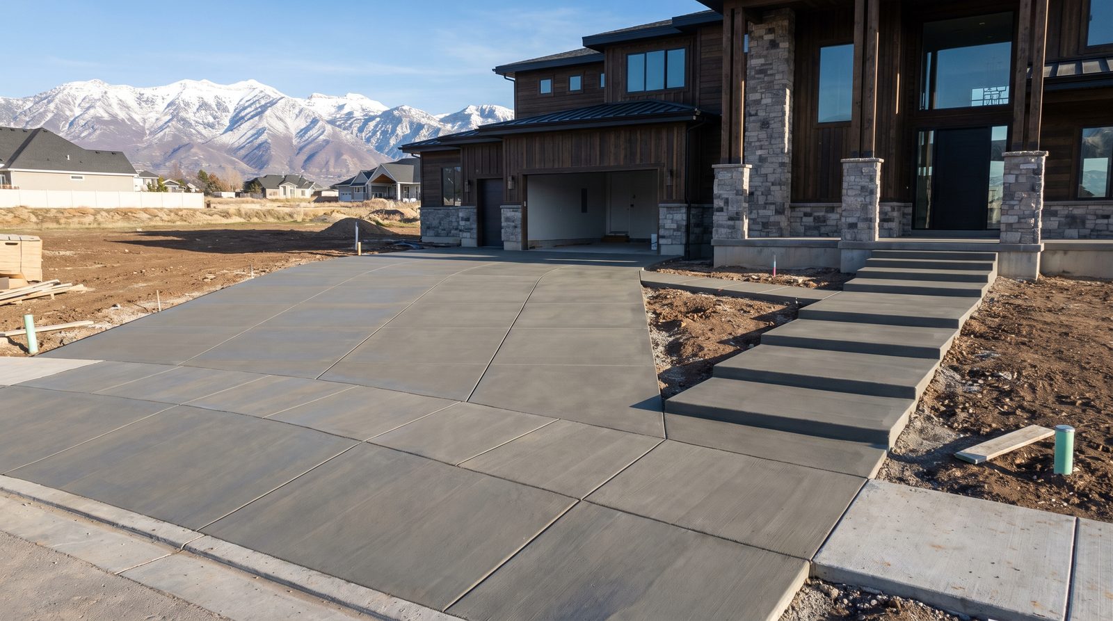 Finished concrete driveway, walkway and steps at a newly built custom home in Draper, Utah