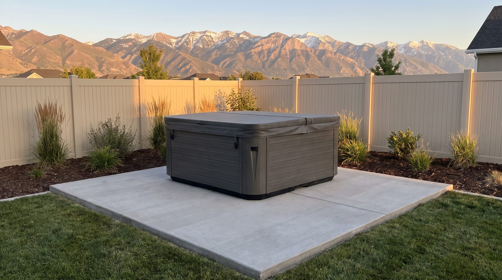 Hot tub sitting on a new concrete pad in a fenced Draper, Utah backyard