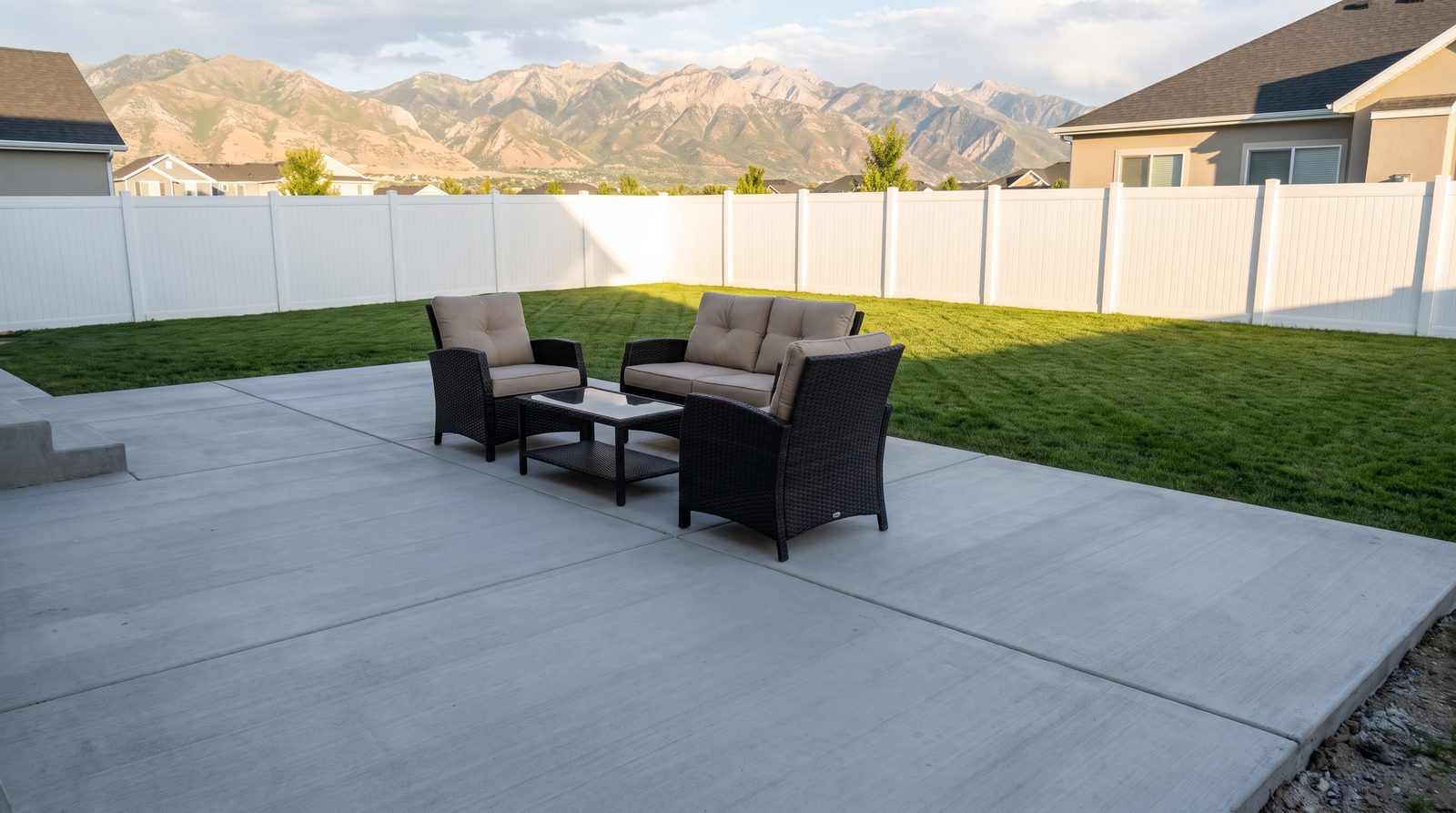 New broom-finished concrete patio with furniture in a Draper, Utah backyard