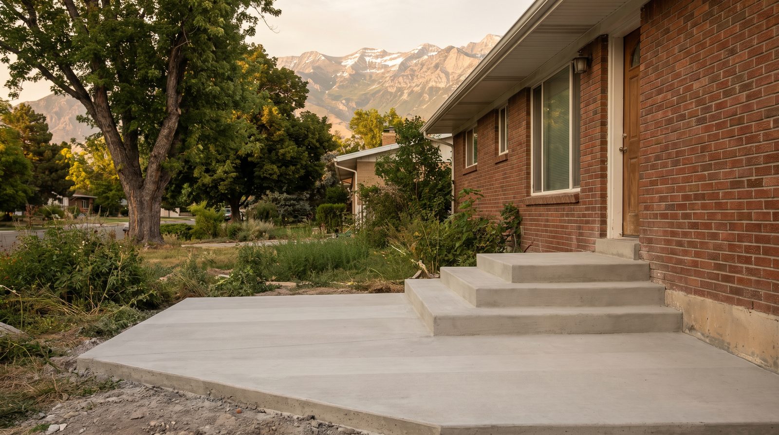New concrete front porch steps on an older brick home in Draper, Utah