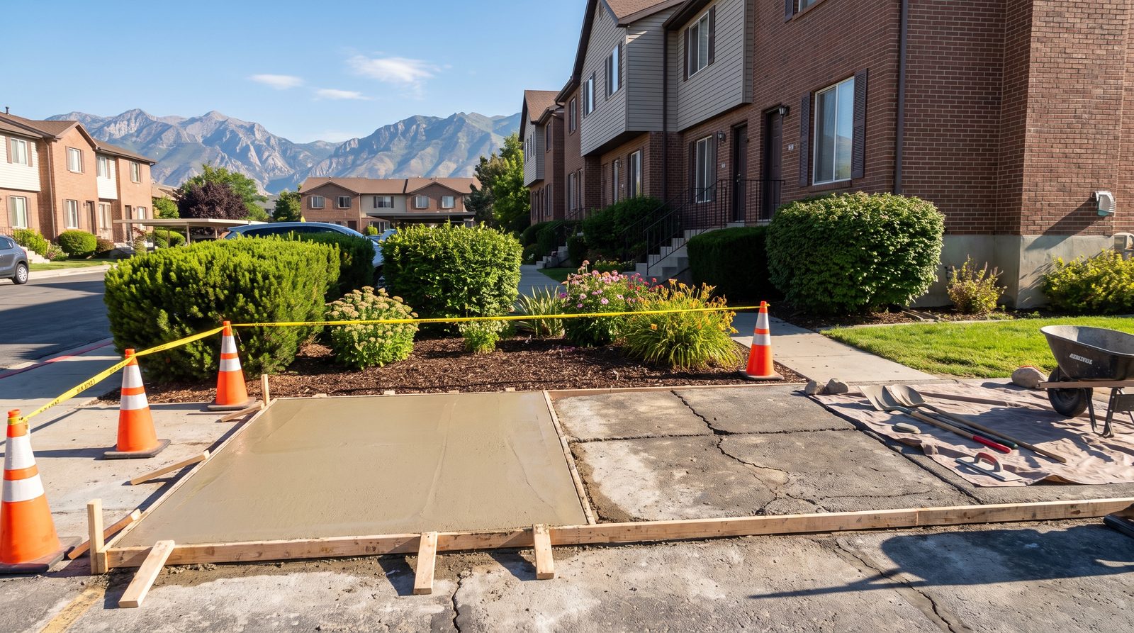 Fresh concrete sidewalk panel replacement at a Draper, Utah townhome community