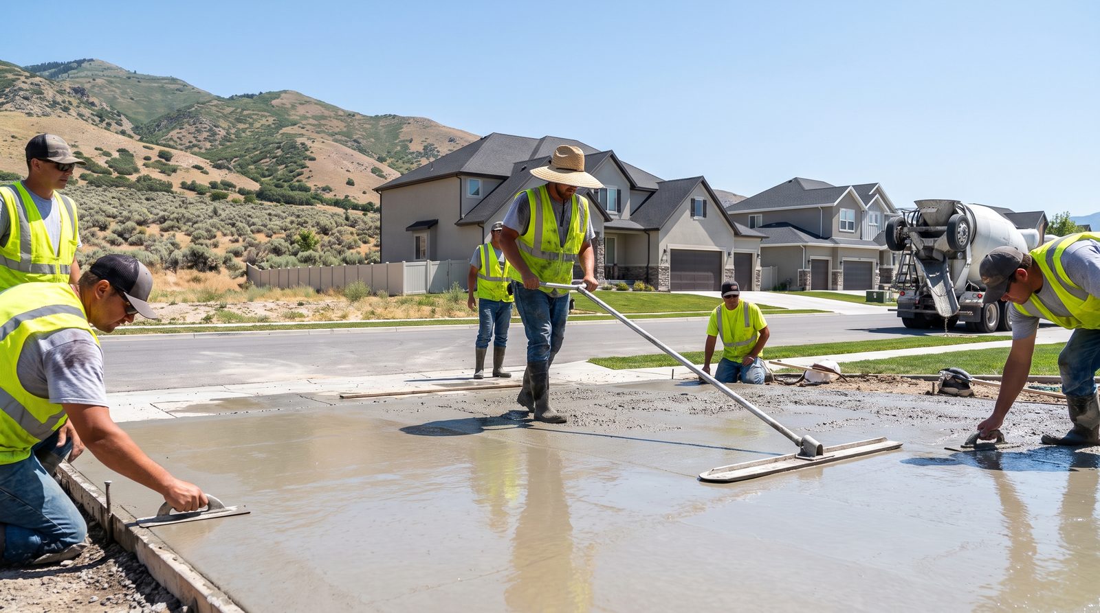 Concrete crew bull-floating a fresh driveway pour on a hot summer day at a Draper, Utah home