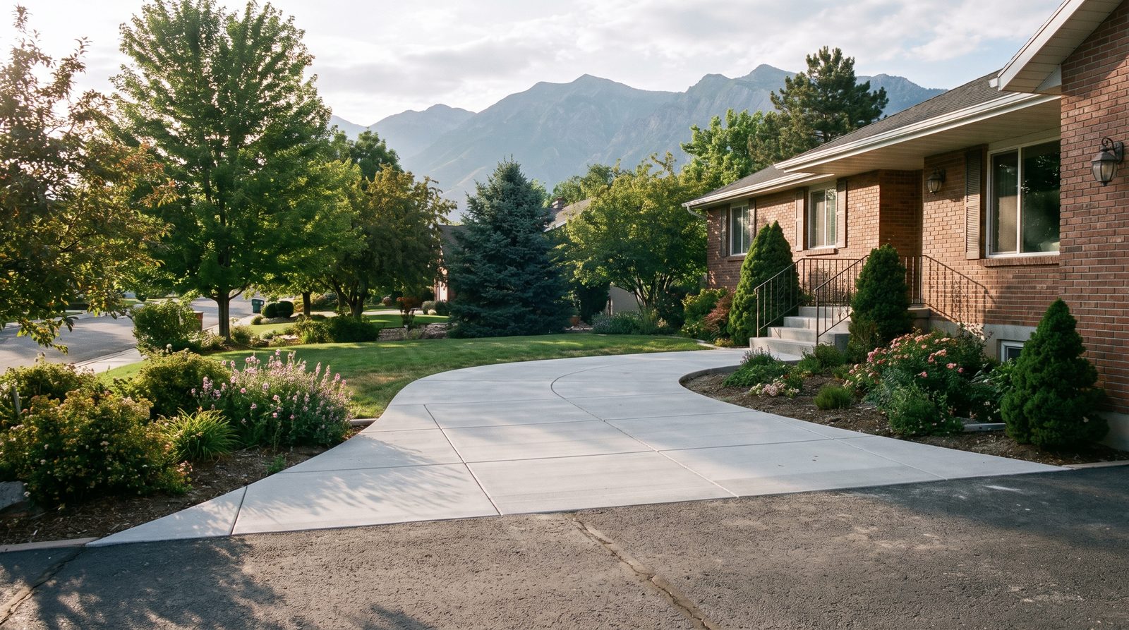New broom-finished concrete walkway leading to the front door of an established Draper, Utah home