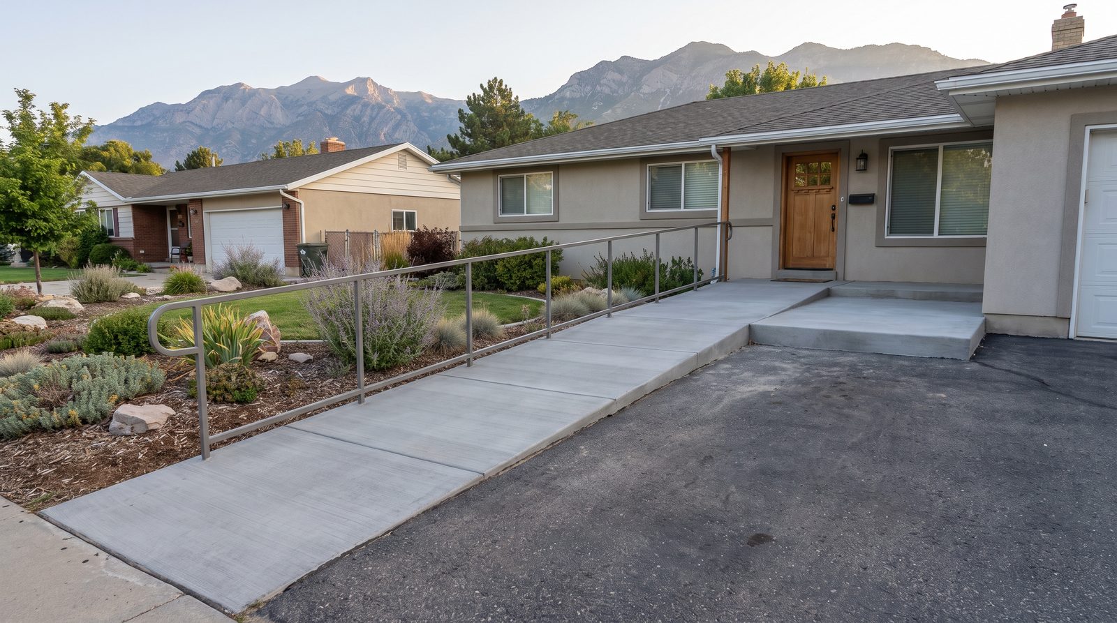 Residential concrete wheelchair ramp with handrail at a single-story Draper, Utah home