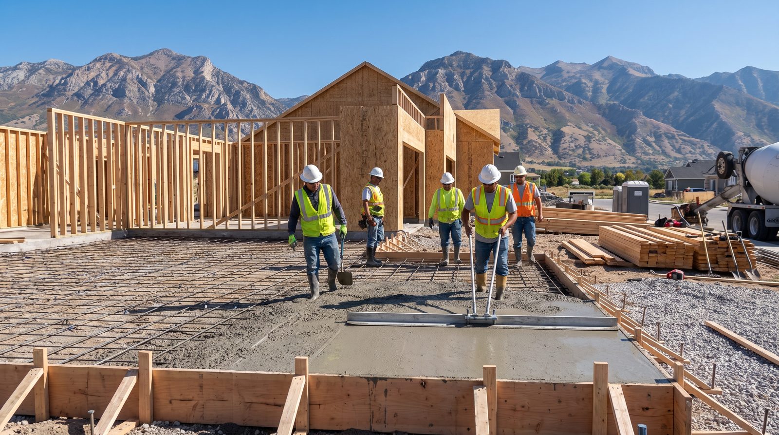 Concrete subcontractor crew pouring a garage slab at a Draper, Utah home construction site