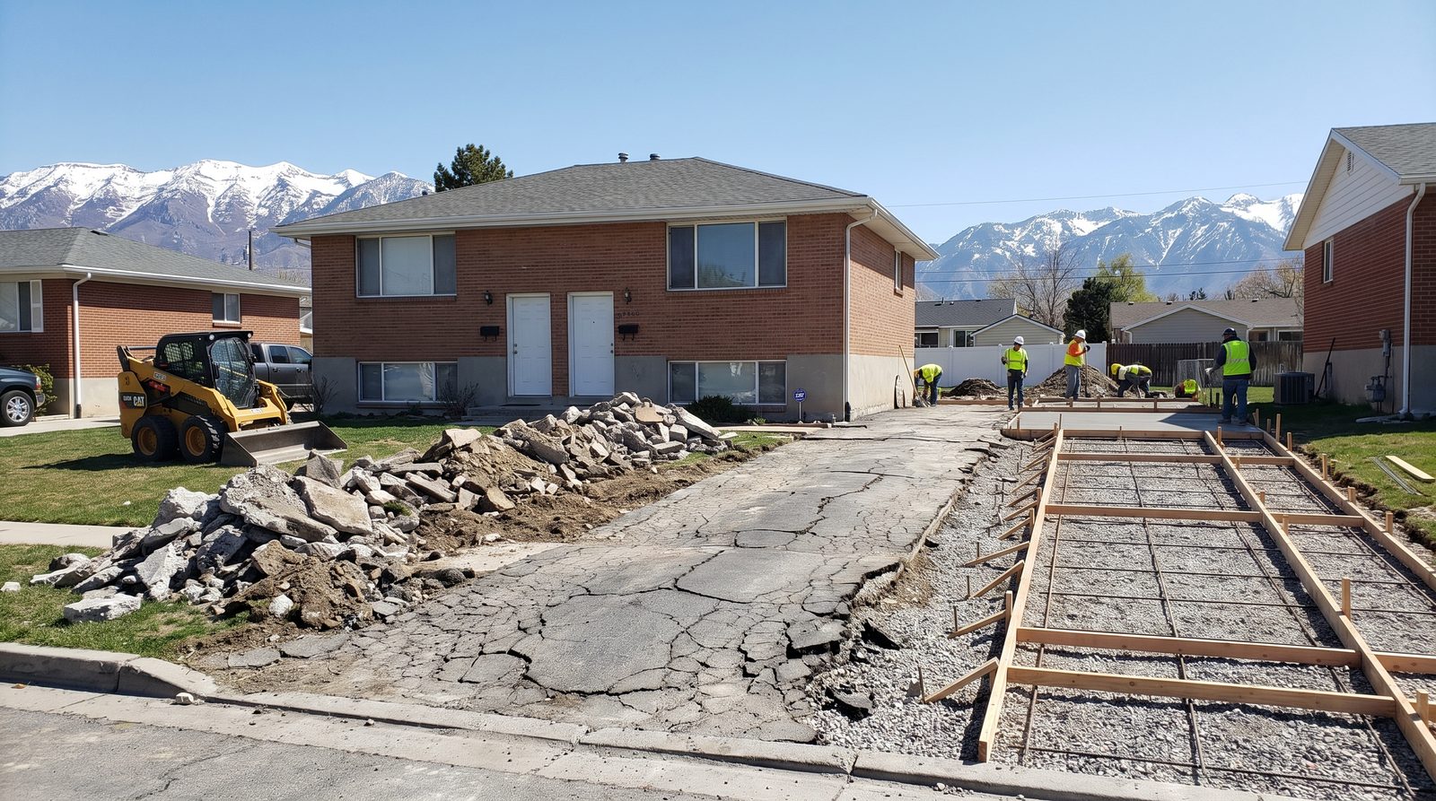 Concrete driveway replacement in progress at a duplex rental property in Draper, Utah
