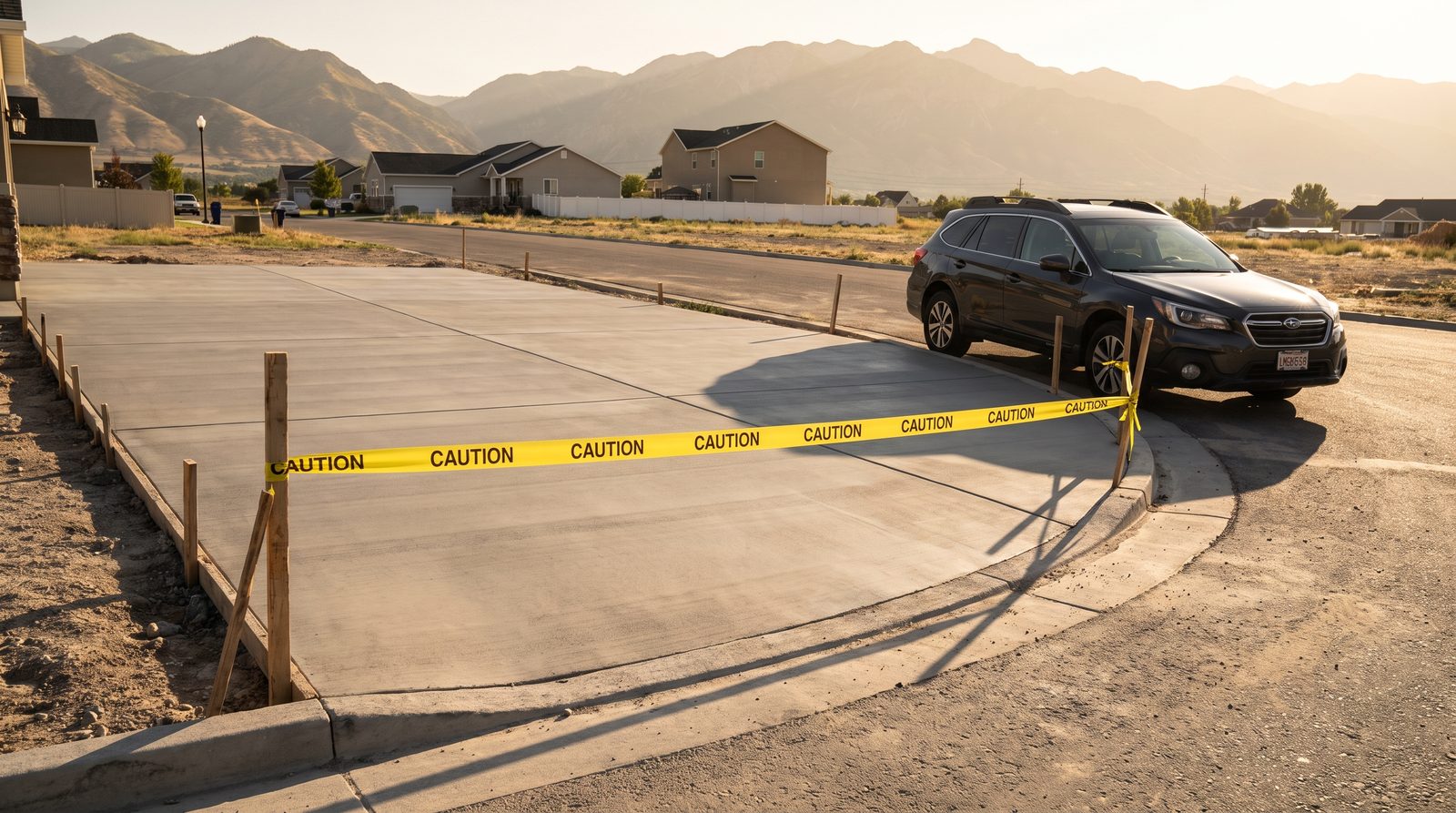Fresh concrete driveway blocked off with caution tape while curing at a Draper, Utah home