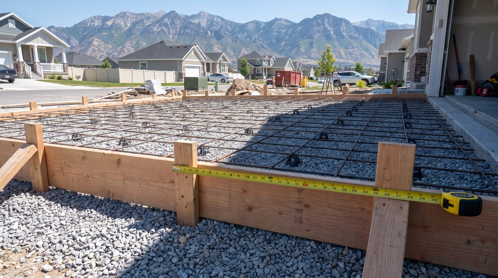 Driveway forms showing rebar grid and gravel base before a concrete pour in Draper, Utah