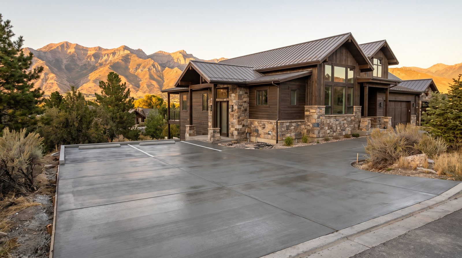 New concrete parking pad at a mountain-style short-term rental home in Draper, Utah