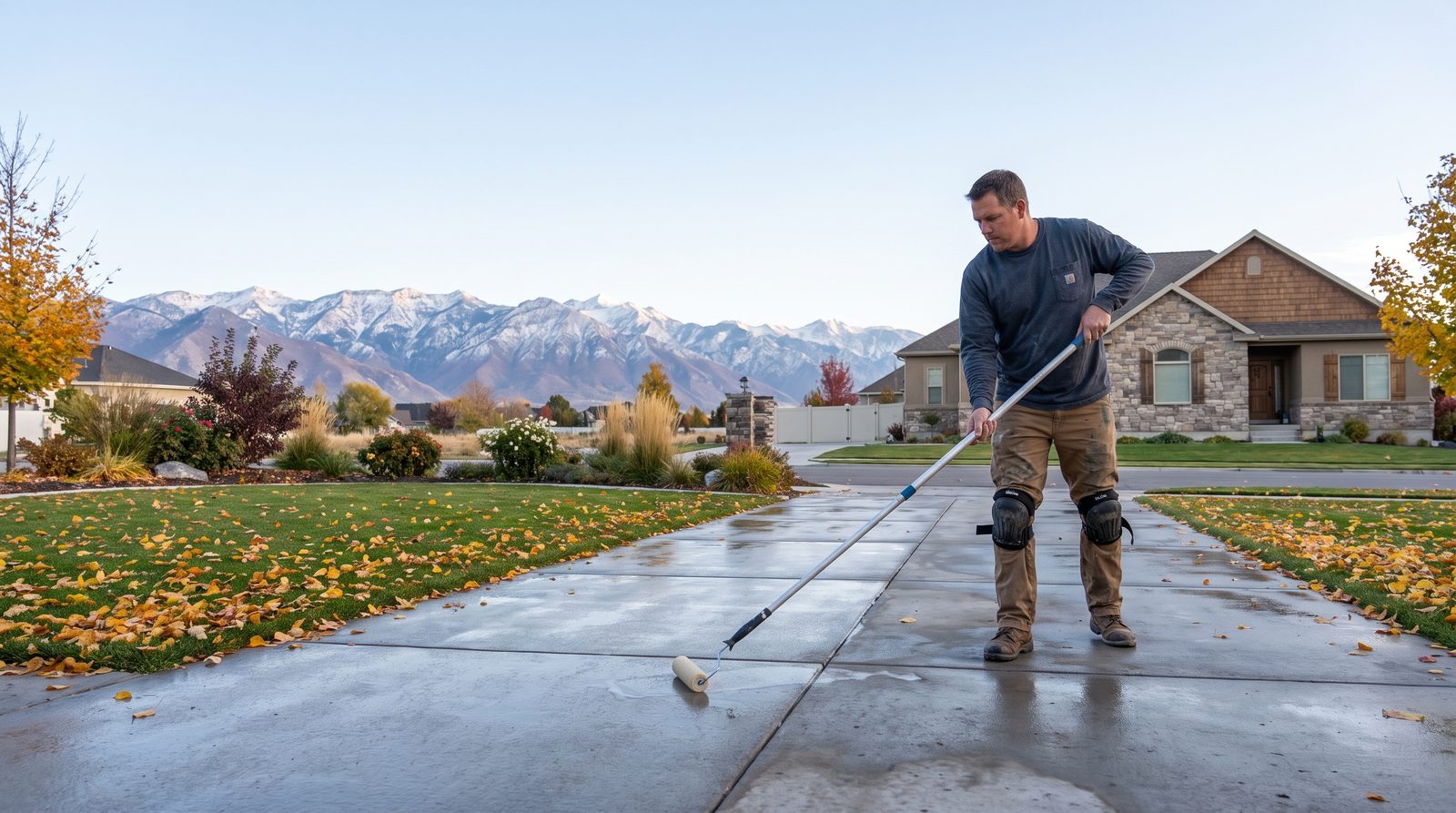 Contractor sealing a concrete driveway in fall at a Draper, Utah home with early snow on the Wasatch Mountains