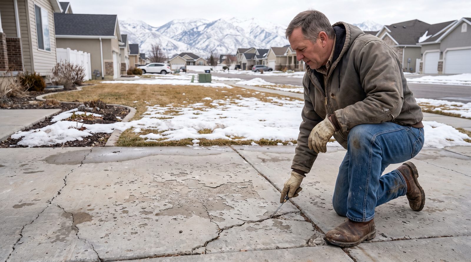 Contractor inspecting winter cracks on a concrete driveway in early spring at a Draper, Utah home