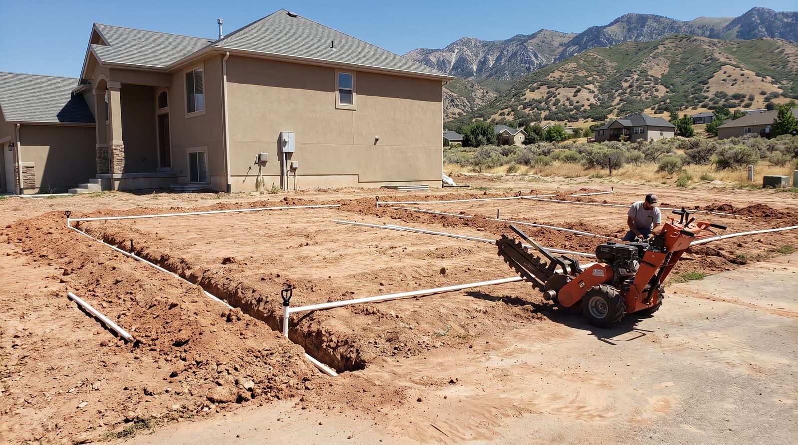 Sprinkler system installation with open trenches and PVC pipe at a Draper, Utah home
