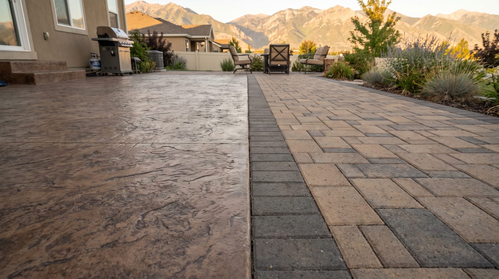 Stamped concrete patio next to interlocking pavers at a Draper, Utah home
