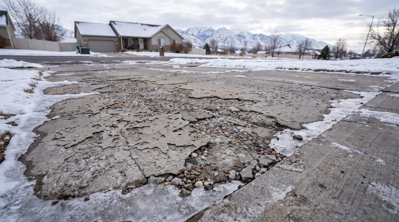 Freeze-thaw surface scaling on a concrete driveway in winter at a Draper, Utah home