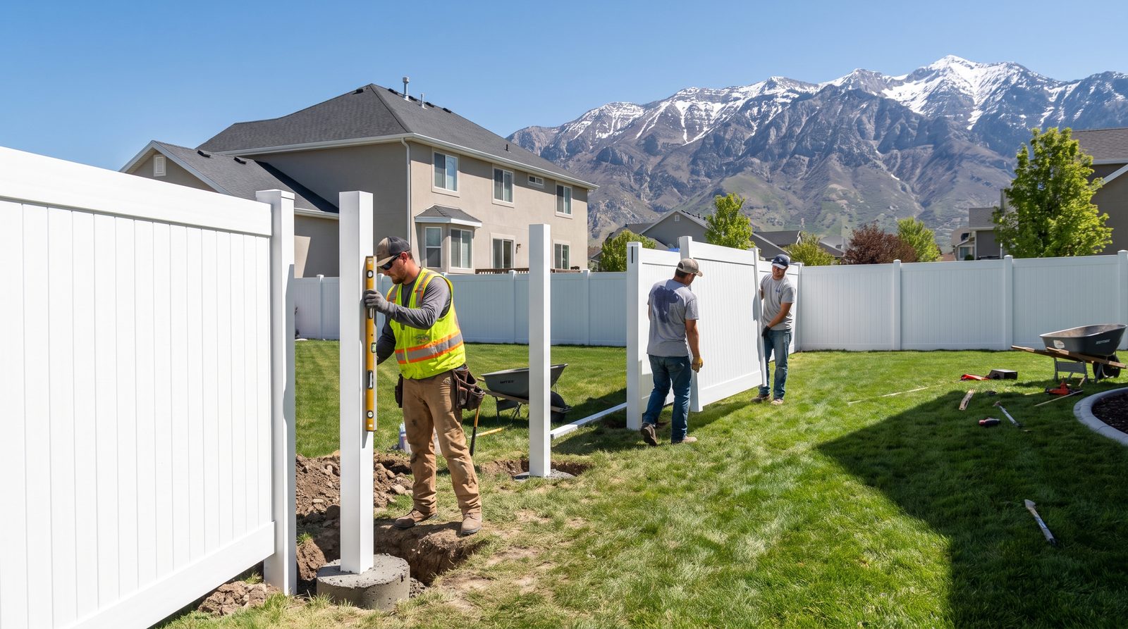 Crew installing a white vinyl privacy fence with posts set in concrete footings at a Draper, Utah home