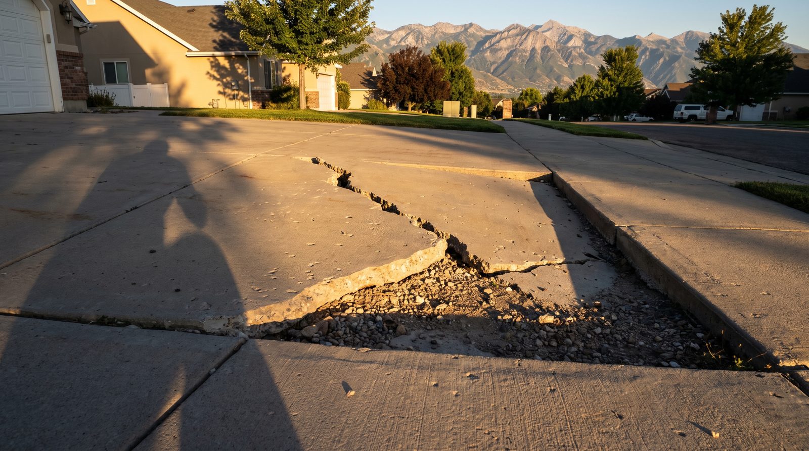 Cracked and settled concrete driveway caused by poor base preparation at a Draper, Utah home