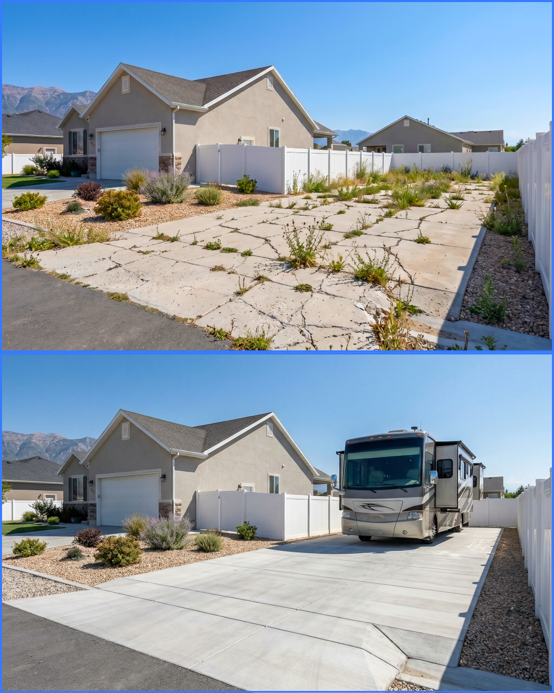 Utah driveway before and after: freeze-thaw damaged concrete replaced with a new RV pad driveway
