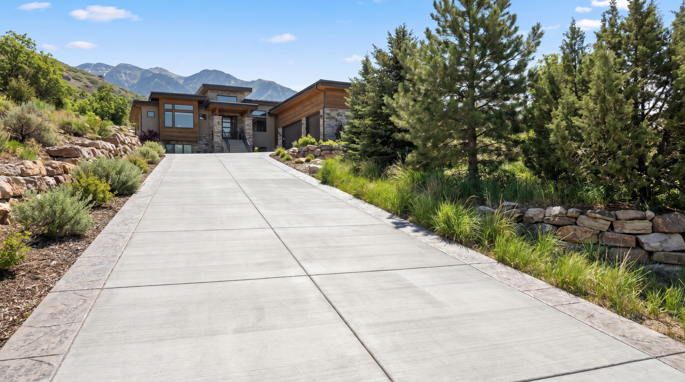 Concrete driveway on a steep hillside lot in suburban Utah