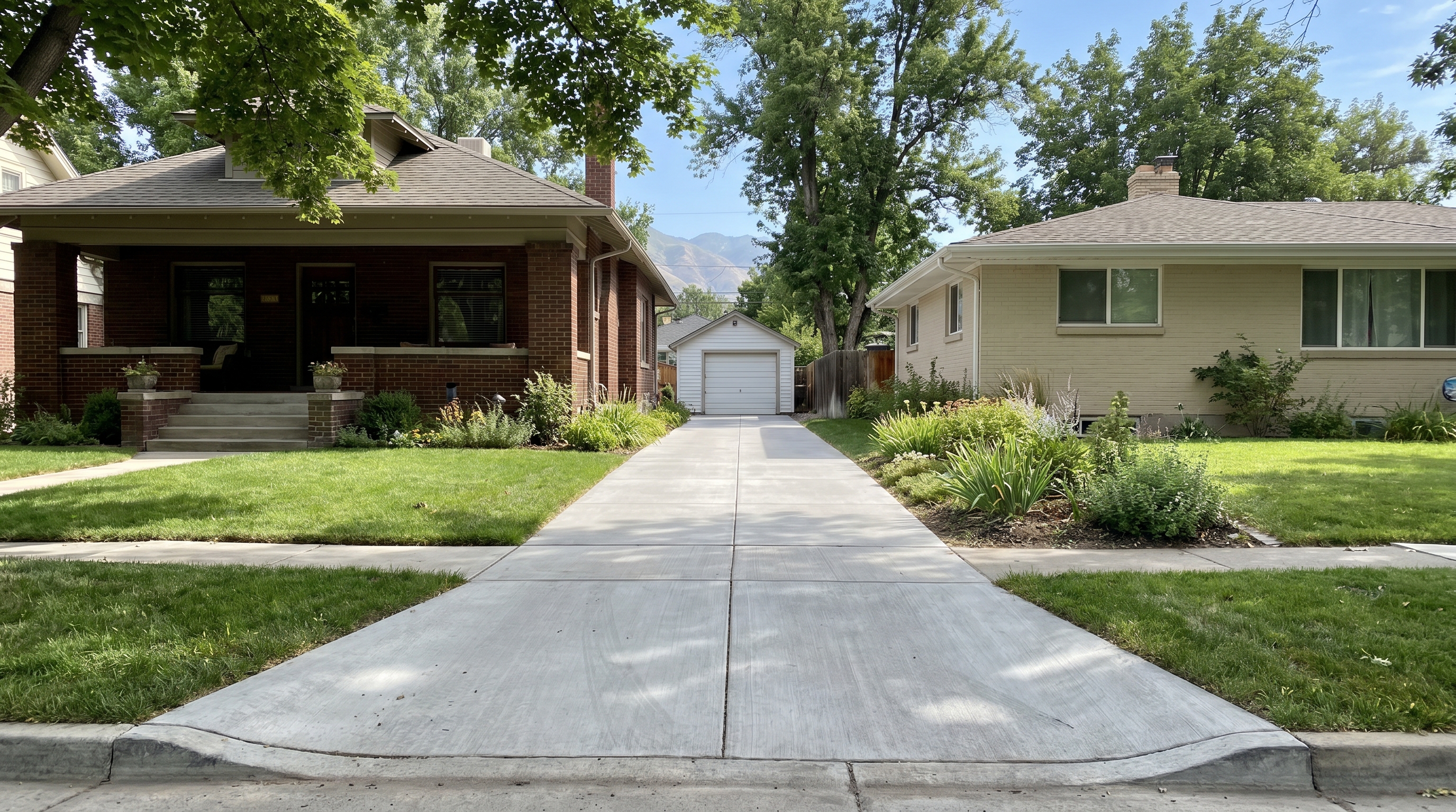 Narrow concrete driveway between two older Salt Lake City homes